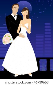 Vector illustration of cool sexy bride and groom on the urban romantic background