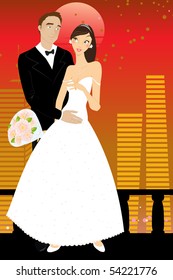 Vector illustration of cool sexy bride and groom on the urban romantic background