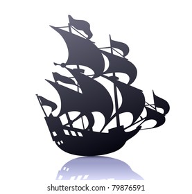 Vector illustration of cool  silhouette of retro sailing ship