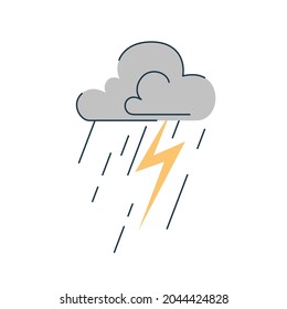 Vector illustration of cool single icon with weather cloud, heavy autumn rains thunderstorm and lightning on white isolated background. Vector illustration.