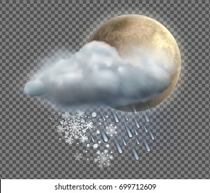 Vector illustration of cool single sleet weather icon with night moon, cloud, snow and rain on transparent background