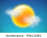 Vector illustration of cool single weather icon-sun with few clouds floats in the sky