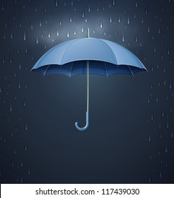 Vector illustration of cool single weather icon - elegant opened umbrella with heavy fall rain in the dark sky