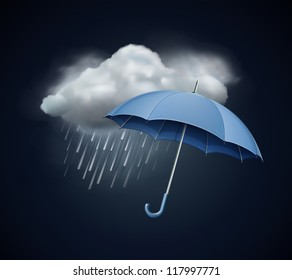 Vector Illustration Of Cool Single Weather Icon - Elegant Opened Umbrella And Cloud With Heavy Fall Rain In The Dark Sky