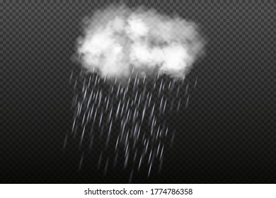 Vector illustration of cool single weather  with cloud and heavy fall rain isolated on black  transparent background.Storm and falling water drops texture.