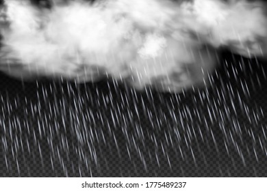 Vector illustration of cool single weather  with cloud and heavy fall rain isolated on black  transparent background.Storm and falling water drops texture.