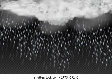 Vector illustration of cool single weather  with cloud and heavy fall rain isolated on black  transparent background.Storm and falling water drops texture.