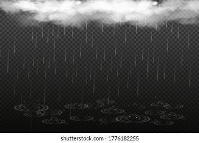 Vector illustration of cool single weather with cloud and heavy fall rain, water bubbles isolated on black transparent background. Storm and falling water drops texture.