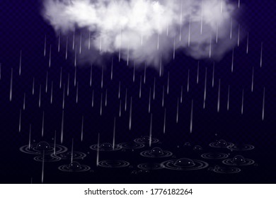 Vector illustration of cool single weather with cloud and heavy fall rain, water bubbles isolated on black transparent background. Storm and falling water drops texture.