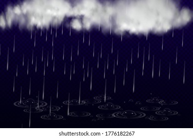 Vector illustration of cool single weather with cloud and heavy fall rain, water bubbles isolated on black transparent background. Storm and falling water drops texture.