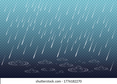 Vector Illustration Of Cool Single Weather With Cloud And Heavy Fall Rain, Water Bubbles Isolated On Black Transparent Background. Storm And Falling Water Drops Texture.