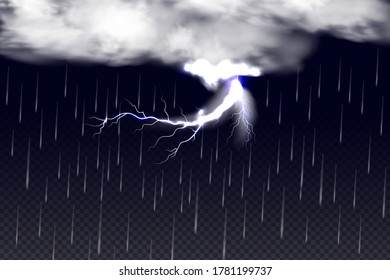 Vector illustration of cool single weather  with cloud and heavy fall rain isolated on black  transparent background.Storm and falling water drops texture.