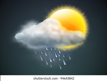 Vector illustration of cool single weather icon - sun with raincloud and raindrops in the dark sky