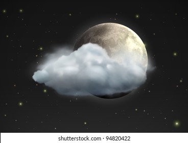 Vector illustration of cool single weather icon - realistic moon with cloud floats in the night sky