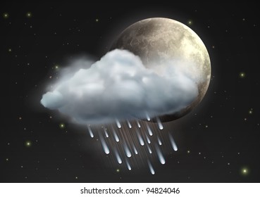 Vector illustration of cool single weather icon - moon with raincloud and raindrops in the night sky