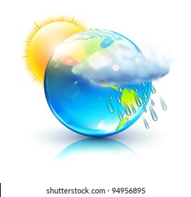 Vector illustration of cool single weather icon - blue globe with sun, raincloud and raindrops