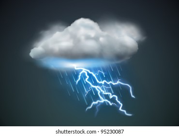 Vector illustration of cool single weather icon - cloud with heavy fall rain and lightning in the dark sky