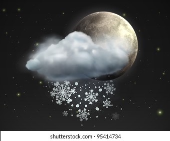 Vector illustration of cool single weather icon - moon with cloud and snow in the night sky