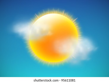 Vector illustration of cool single weather icon-sun with few clouds floats in the sky