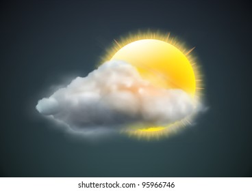 Vector illustration of cool single weather icon - sun with cloud floats in the dark sky