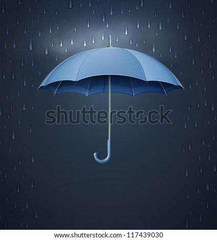 Vector illustration of cool single weather icon - elegant opened umbrella with heavy fall rain in the dark sky