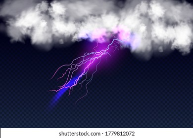 Vector illustration of cool single weather,lightning  with cloud isolated on black  transparent background.Storm and falling water drops texture.