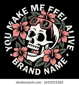 Vector illustration of a cool skull encircled by lovely hibiscus blossoms
