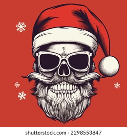 Vector illustration of cool skull head santa claus christmas with red cap hat and glasses vintage retro style