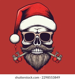 Vector illustration of cool skull head santa claus christmas with red cap hat and glasses vintage retro style