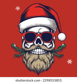 Vector illustration of cool skull head santa claus christmas with red cap hat and glasses vintage retro style