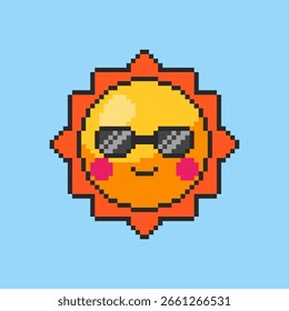 Vector Illustration of Cool Sun with Sunglasses with Pixel Art Design, perfect for game assets themed designs