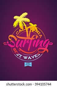 vector illustration of a cool surfing in California. california surfing design for graphics for t-shirt, vintage design, imposed geometric dynamic pattern background