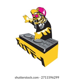 Ilustración vectorial de tigre fresco con gafas de sol y gorra mezclando ritmos en tocadiscos de DJ amarillos. Pistas de mezcla de tigre Dj animadas aisladas sobre fondo blanco.
