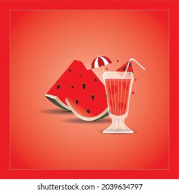 vector illustration in  Cool watermelon drink in a glass. Set with watermelons and  white red background.