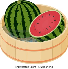 Vector illustration of cool whole watermelon and watermelon cut in half with some ice in Japanese "oke", wood bucket.