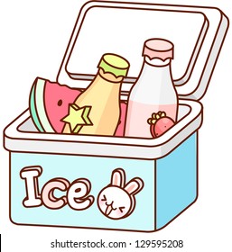 A vector illustration of cooler box with food and drink