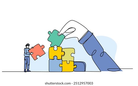 Vector illustration of cooperation to increase. Modern flat in continuous line style.