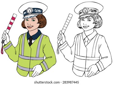 Vector illustration, cop, coloring drawing, cartoon concept, white background.