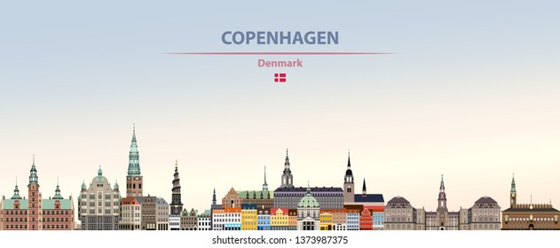 Dibujo vectorial del horizonte de la ciudad de Copenhague sobre un colorido degradado y bello fondo del cielo del día