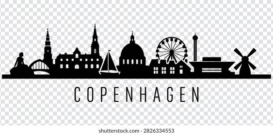 Vector illustration of Copenhagen city skyline silhouette. Famous landmarks of the capital of Denmark including The Little Mermaid and Tivoli Gardens.