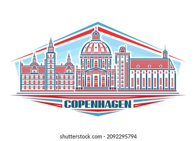 Vektorgrafik von Kopenhagen, horizontales Logo mit linearem Design Kopenhagener Stadtbild auf Tageshintergrund, Städtisches Kunstkonzept mit dekorativem Buchstaben für blaues Wort Kopenhagen auf Weiß