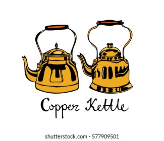 Vector illustration of copper kettles hand drawn with pen and ink. Beautiful design elements.