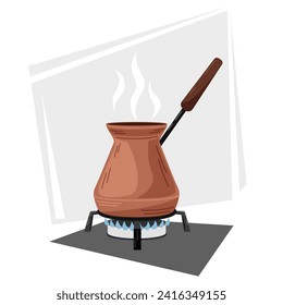 Ilustración vectorial de una olla de cobre con un asa de madera en la que se prepara café sobre un fuego. Ilustración del desayuno, la comida y las bebidas. Cocina. Equipo para la preparación de bebidas aromáticas.