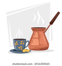 Vector illustration of a copper Turkish coffee maker and a cup with ready-made hot coffee. Illustration of breakfast, food, drinks. Kitchenware. Equipment for preparing aromatic drinks. svg