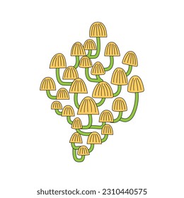 Vector illustration of coprinellus disseminatus mushrooms on isolated background. Retro 1970 style groovy psychedelic fairy inkcap fungus
