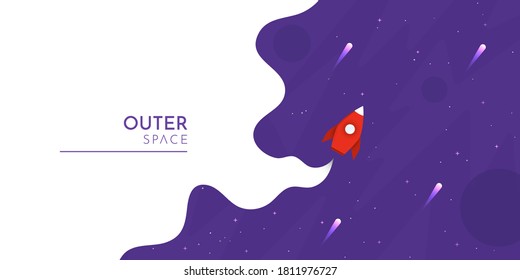 Vector illustration with copy space. Panoramic cosmic wallpaper. Abstract concept. Flat violet color. Space exploration. Modern art graphics. Design elements for website template, banner, poster.
