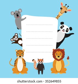 Vector illustration with copy space template. Cute cartoon animal characters. Lion, giant panda, giraffe, koala, monkey, tiger, red panda. Children illustration.