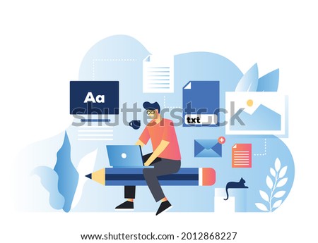 vector illustration of copy writer who sit on big pencil work with laptop and many paper