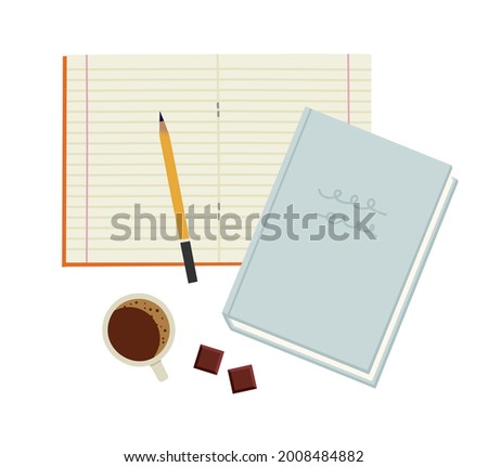 Vector illustration of copybook, textbook, coffee, and chocolate, pencils, isolated on white. Hand-drawn set. Objects for learning, reading, school tools. Top view. Suitable for book shops, schools.