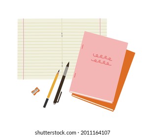 Vector illustration of copybooks, pencil sharpener, pen, pencils, isolated on white. Hand-drawn set. Objects for learning, reading, school tools. Top view. Suitable for stationery shops, schools.